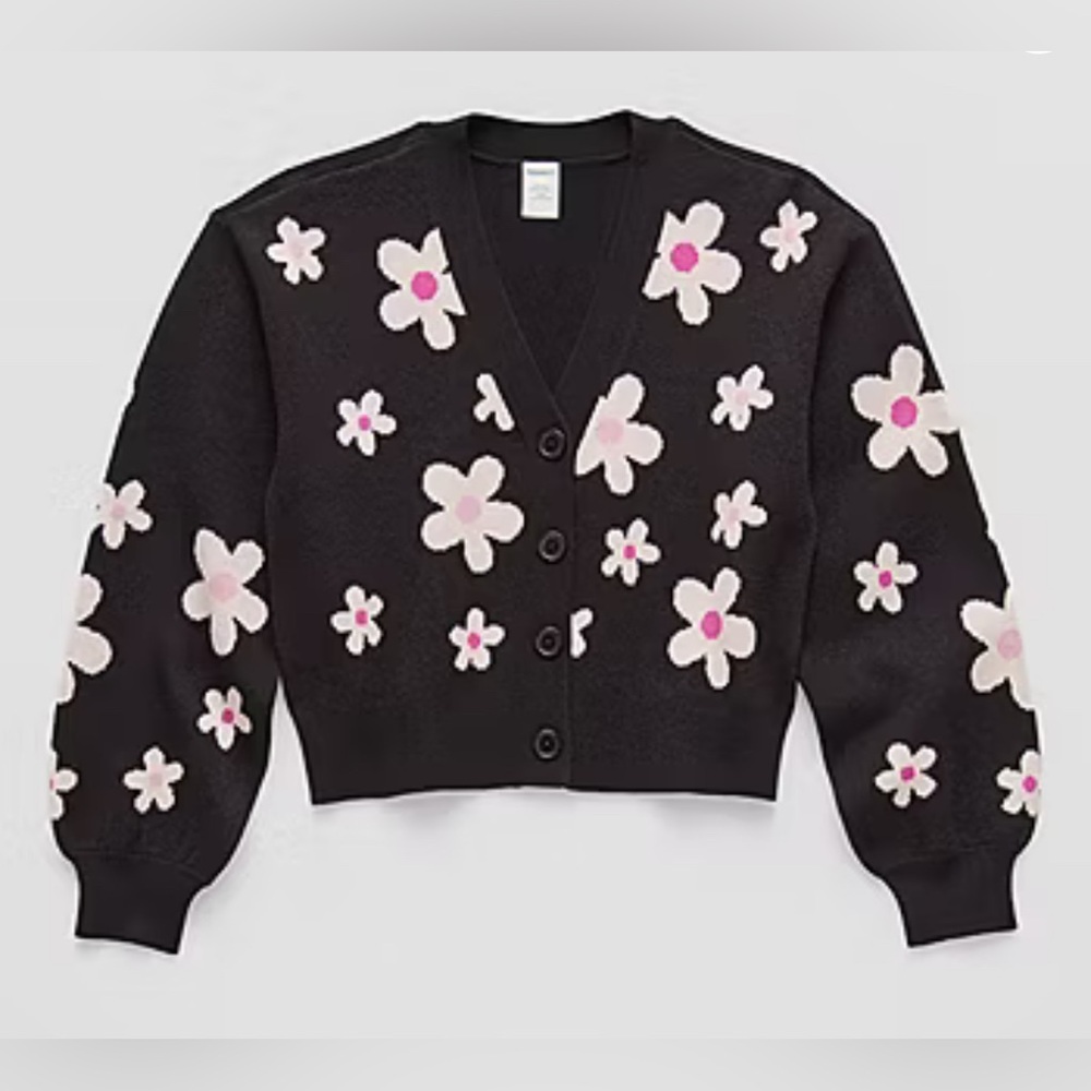 Girls' Black Floral Button Cardigan Sweater- size 6/6x